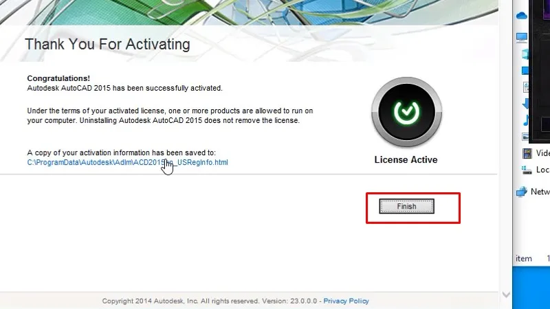 Autocad 2015 Xem video sẽ thành công 34 Bấm Finish hoàn thành quá trình cài đặt và kích hoạt dùng thử
