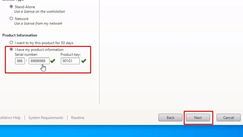Autocad 2015 Xem video sẽ thành công 15 Nhập vào Serial number: 666-69696969, Product key: 001G1, và bấm Next