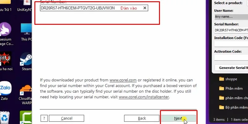 Cài Đặt CorelDRAW 2018 - Hướng Dẫn Đầy Đủ 17 Dán vào ô như hình và bấm next