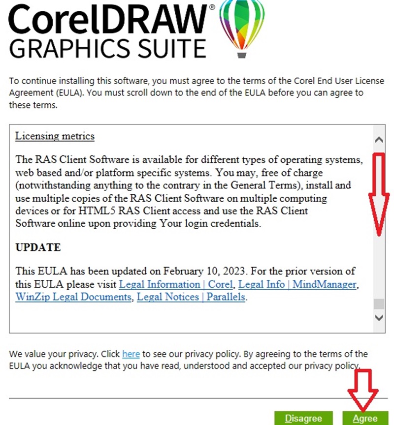 Kéo xuống dưới, đọc điều khoản và nhấn "Agree" để đồng ý Kéo xuống dưới, đọc điều khoản và nhấn "Agree" để đồng ý
