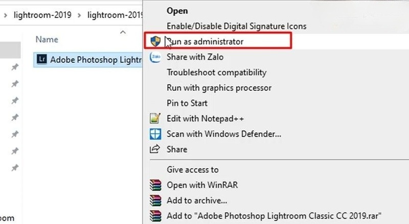 Chạy file "Adobe Photoshop Lightroom Classic CC 2019.exe"